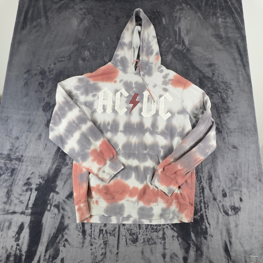 AC/DC Hoodie Mens XL Grey Red Tie Dye Graphic Rock Band Pullover Sweatshirt